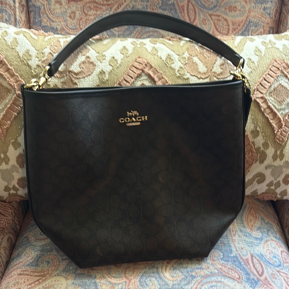 Coach Logo Walnut and Black Leather Bucket Bag with Gold Hardware